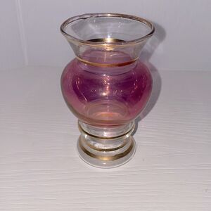 Vintage Cranberry & Clear Glass Mini Vase With Gold Trim
